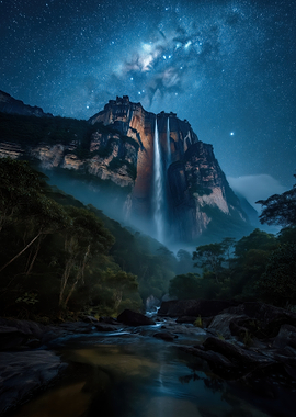 Starry Night Waterfall Landscape