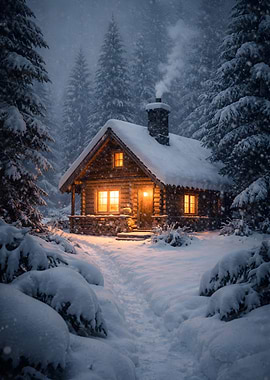 Cozy Cabin in Snowy Forest