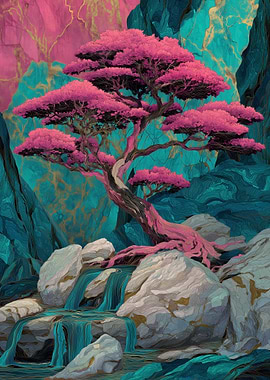 Enchanted Pink Bonsai Tree Waterfall