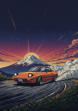 Drifting Car at Sunset with Mount Fuji
