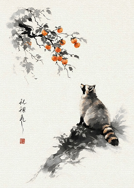 Raccoon Gazing at Persimmons