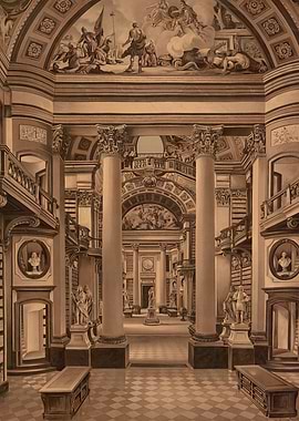 Grand Library Interior with Statues and Paintings