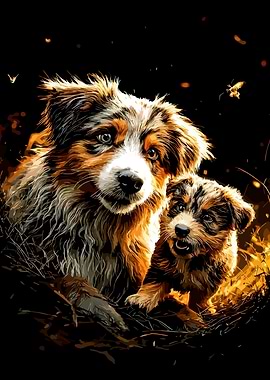 Two Australian Shepherd Dogs in Hay