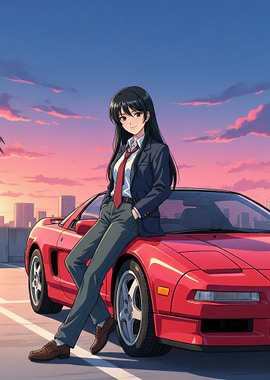 Anime Girl Posing with a Red Sports Car