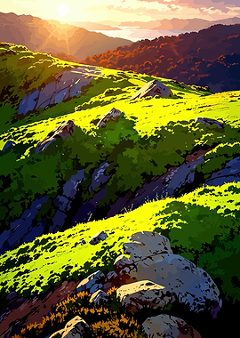 Sunrise over a grassy mountain landscape