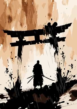 Samurai Warrior Under Torii Gate in Rain