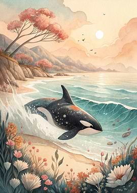 Orca breaching near a floral beach