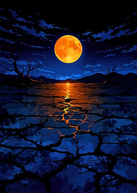 Orange Moon Over Cracked Landscape