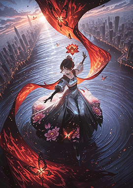 Anime Girl with Butterflies and Cityscape