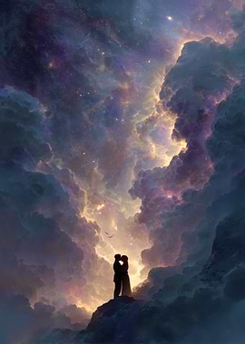 Couple silhouetted against a cosmic nebula