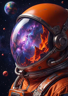 Astronaut Reflecting Cosmic Nebula