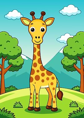 Cute Cartoon Giraffe in Nature