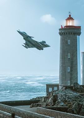Fighter Jet Flies Past Lighthouse