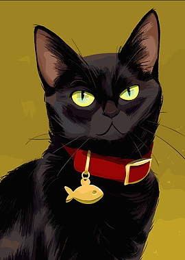 Black Cat with Red Collar and Fish Charm