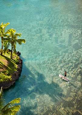 Man paddleboarding over submerged city
