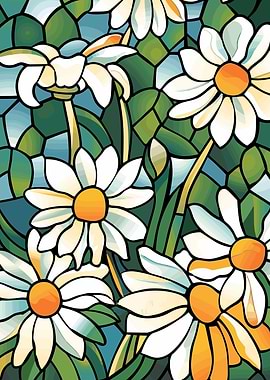 Stained Glass Daisies and Leaves