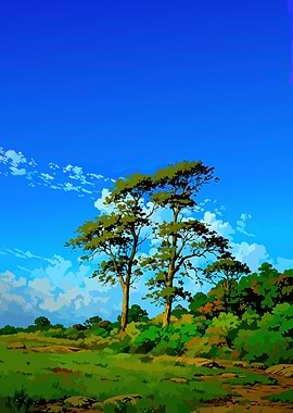 Vibrant Landscape with Two Tall Trees