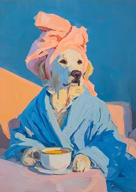 Dog in Robe with Tea