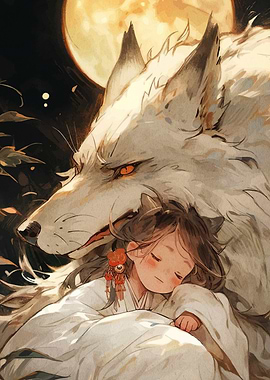 Wolf Protecting Sleeping Child Under Moon