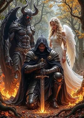 Fantasy Warrior with Angel and Demon