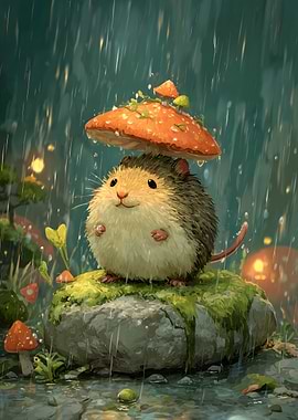Cute Hedgehog Under Mushroom Umbrella in Rain
