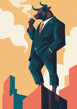 Bull in a Suit Smoking on Rooftop