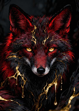 Red and Black Fox with Gold Accents