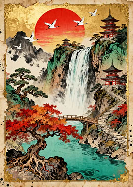Japanese Waterfall Pagoda Landscape