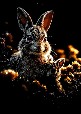 Two Rabbits in Dark Floral Setting