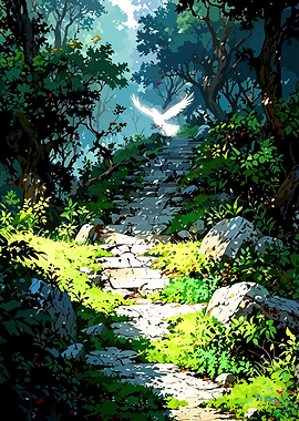 White bird flying up stone stairs in forest