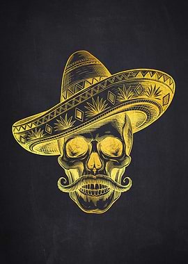 Golden Skull with Sombrero and Mustache