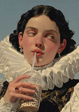 Woman in historical attire drinking bubble tea