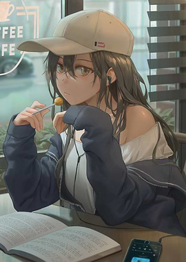 Anime girl with lollipop at cafe