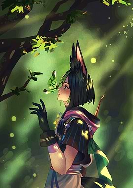 Anime character with butterfly in forest