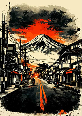 Mount Fuji Street Scene at Sunset