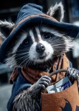 Raccoon in Halloween Costume Holding Candy Bag