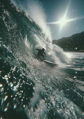 Surfer riding a massive wave