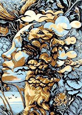 Profile of a woman merging with a dog