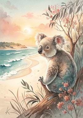 Koala on a beach at sunset