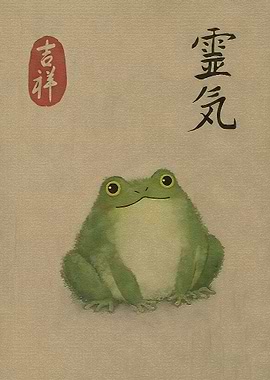 Cute Frog with Japanese Calligraphy