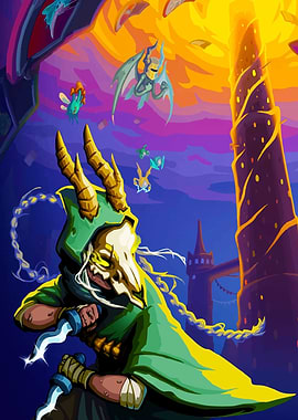 Fantasy Character with Daggers and Flying Creatures