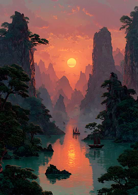 Serene Mountain River Sunset