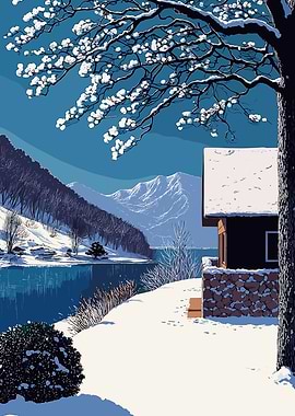 Snowy Lakeside Cabin Scene