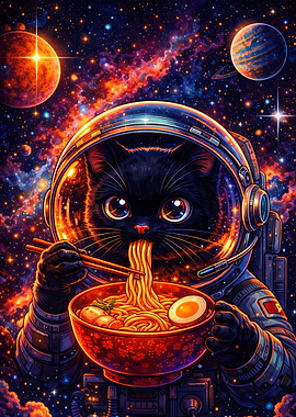 Astronaut Cat Eating Ramen in Space