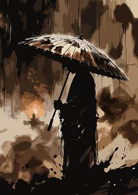 Samurai with Umbrella in Rain
