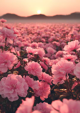 Pink Flowers Field at Sunset