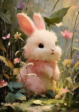 Cute Pink Bunny in a Garden