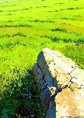 Vibrant Green Meadow with Rock