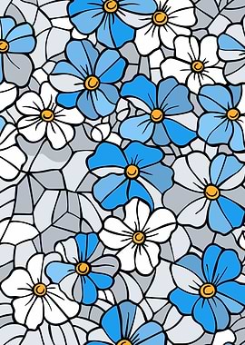 Blue and White Floral Stained Glass Pattern