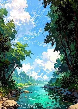 Serene Forest River Under Blue Sky